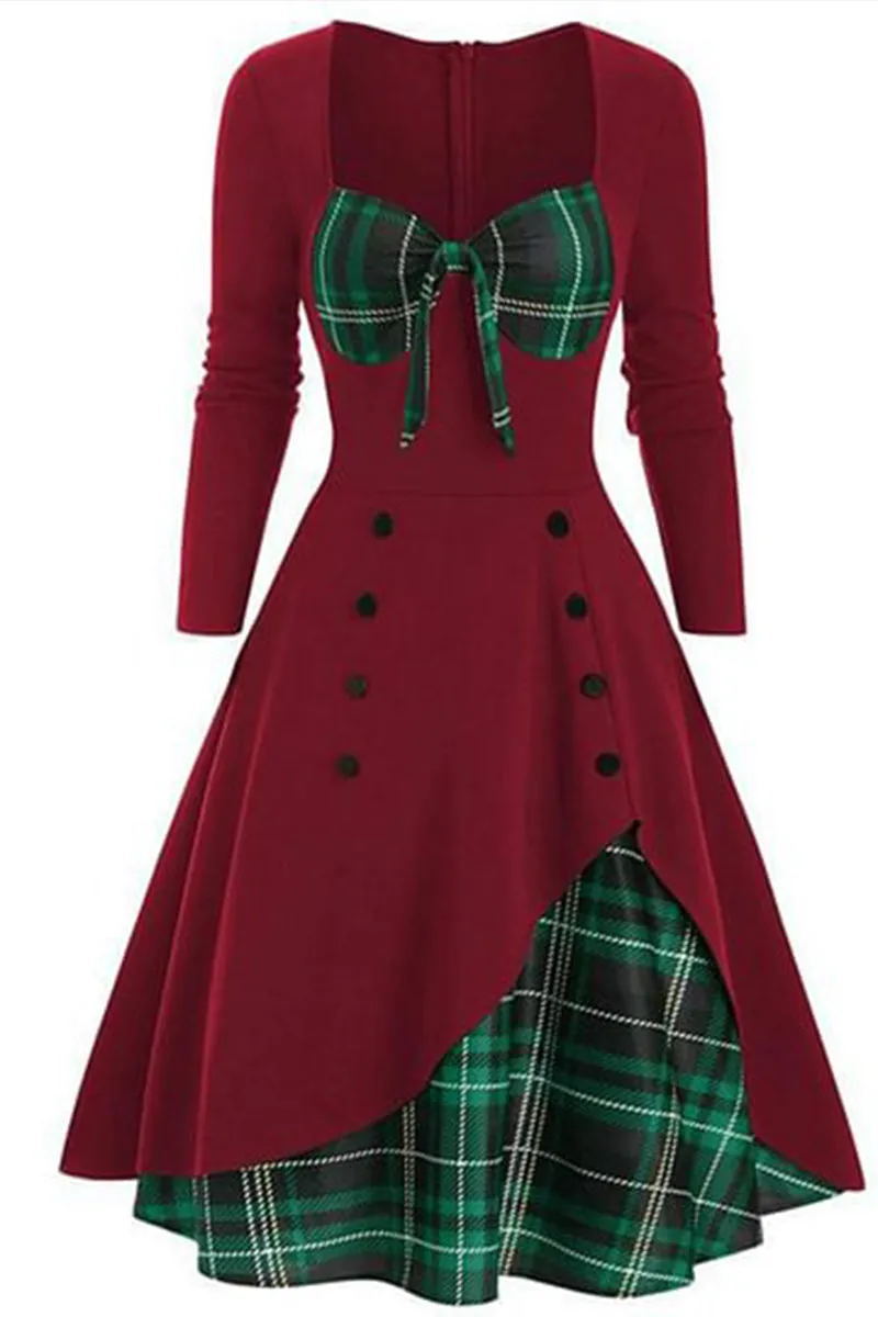 HBS1350 Vintage Plaid Accent Midi Dress