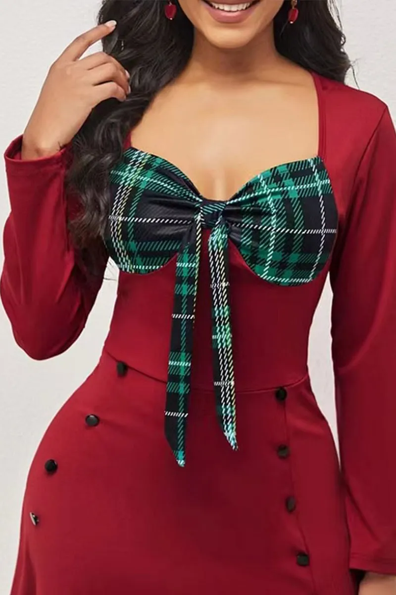 HBS1350 Vintage Plaid Accent Midi Dress