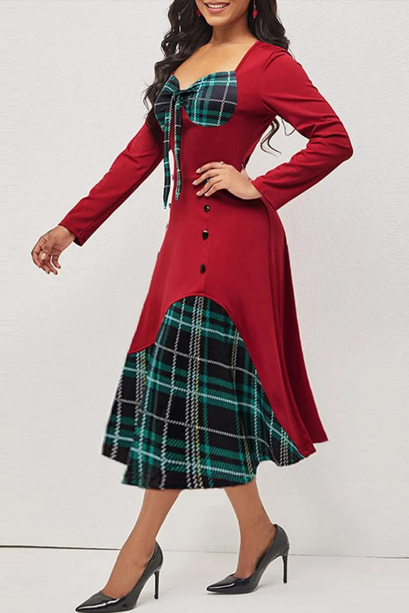 HBS1350 Vintage Plaid Accent Midi Dress