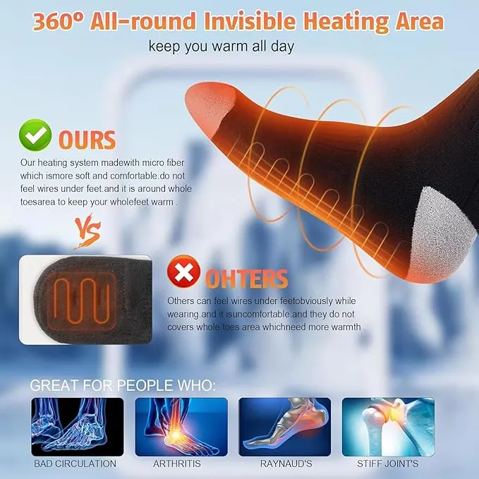 Heated Socks for Men Women with 5V 4000mAh Rechargeable Battery Powered Machine Washable Thermal Heating Socks Electric Foot Warmer Winter Outdoor Skiing Hunting Camping