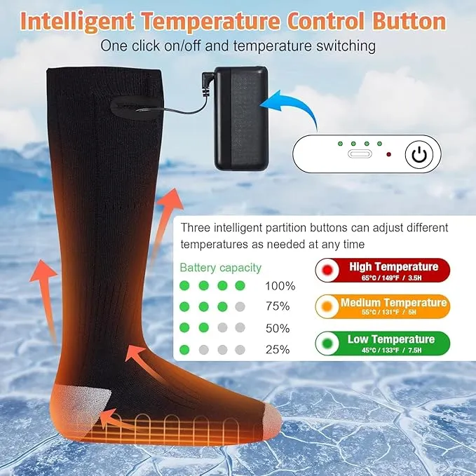 Heated Socks for Men Women with 5V 4000mAh Rechargeable Battery Powered Machine Washable Thermal Heating Socks Electric Foot Warmer Winter Outdoor Skiing Hunting Camping
