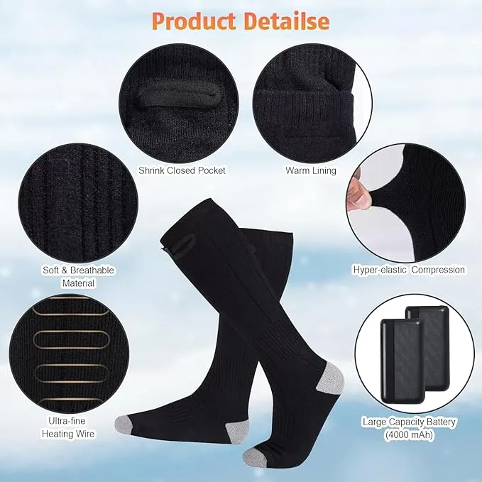 Heated Socks for Men Women with 5V 4000mAh Rechargeable Battery Powered Machine Washable Thermal Heating Socks Electric Foot Warmer Winter Outdoor Skiing Hunting Camping