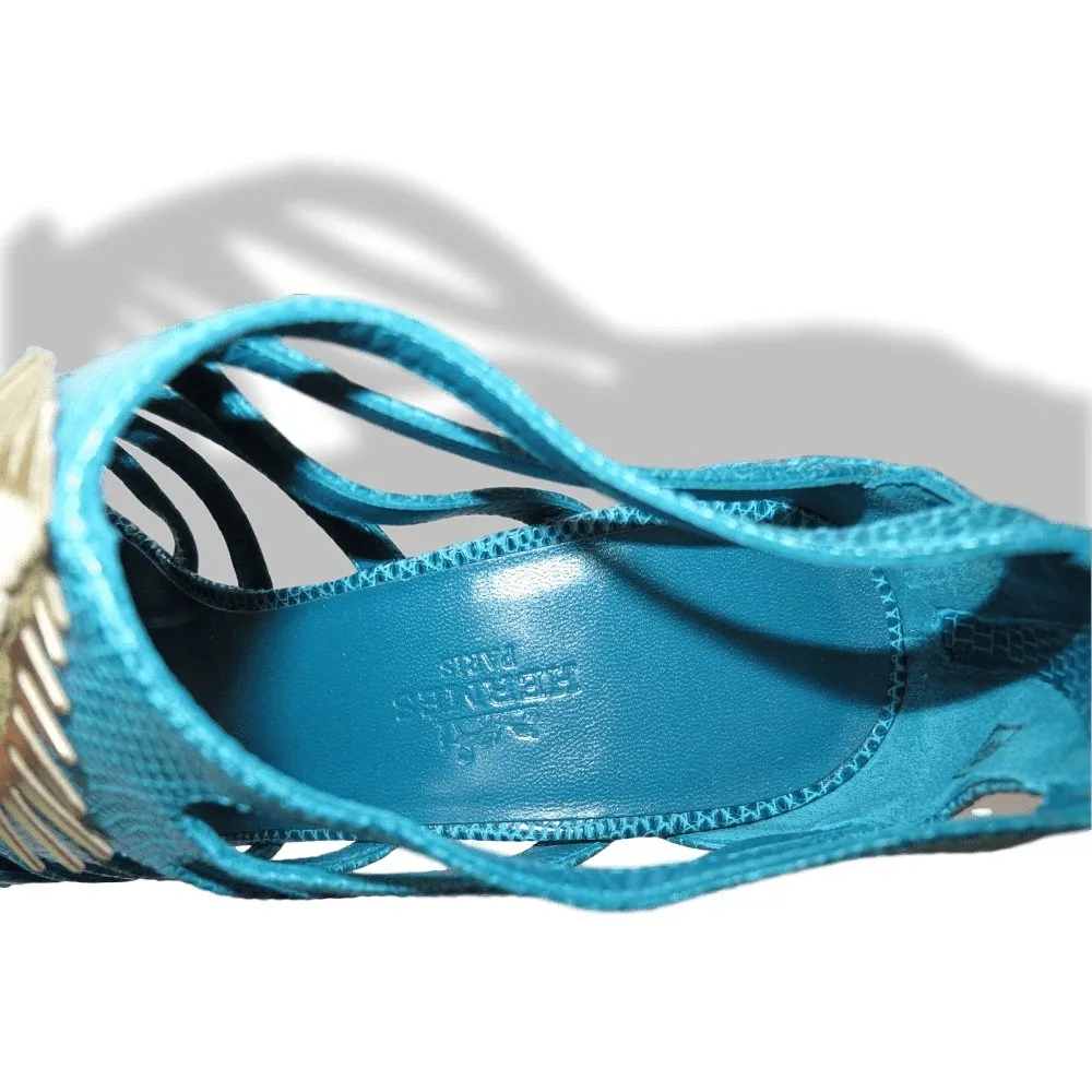 Hermes Vintage Sexy Turquoise Lizard Coquillage Women High Heels Sandals Shoes New!