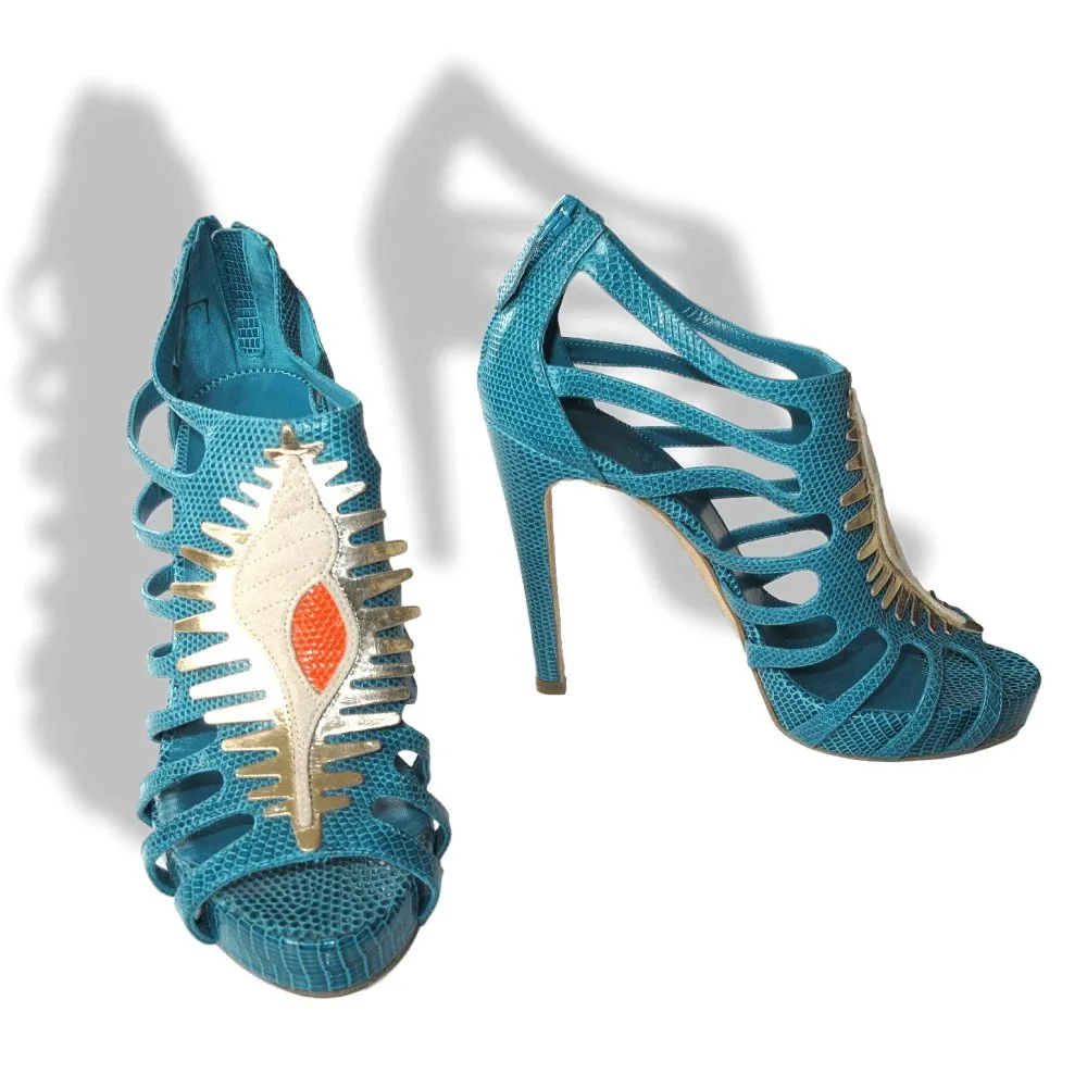 Hermes Vintage Sexy Turquoise Lizard Coquillage Women High Heels Sandals Shoes New!