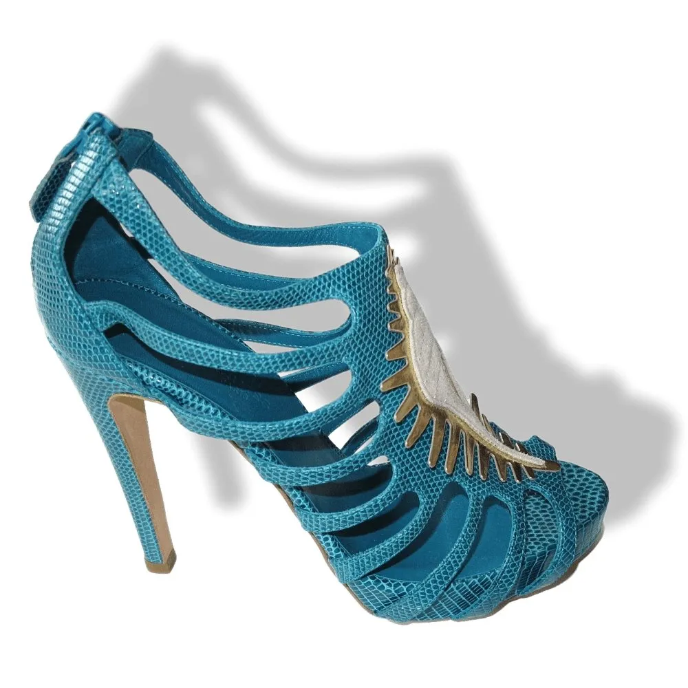 Hermes Vintage Sexy Turquoise Lizard Coquillage Women High Heels Sandals Shoes New!