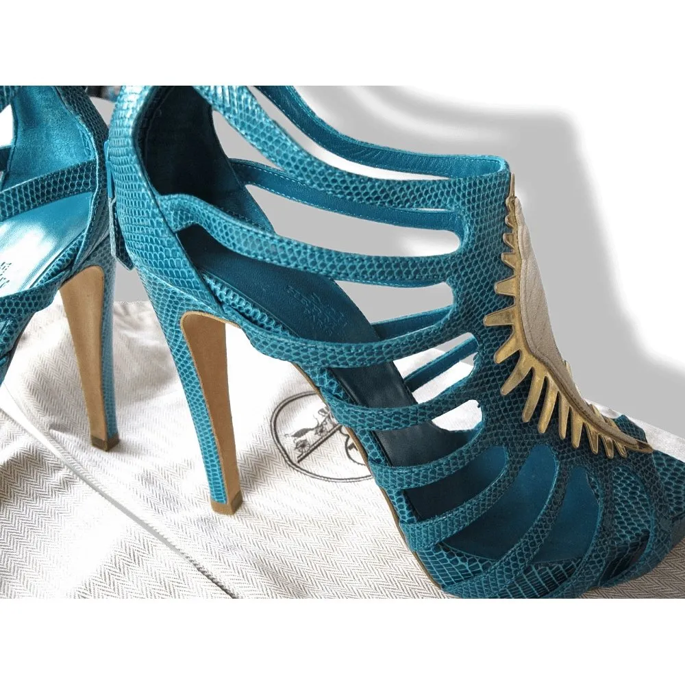 Hermes Vintage Sexy Turquoise Lizard Coquillage Women High Heels Sandals Shoes New!