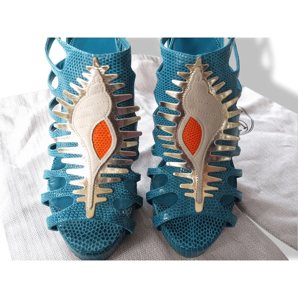 Hermes Vintage Sexy Turquoise Lizard Coquillage Women High Heels Sandals Shoes New!