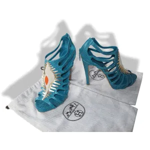 Hermes Vintage Sexy Turquoise Lizard Coquillage Women High Heels Sandals Shoes New!