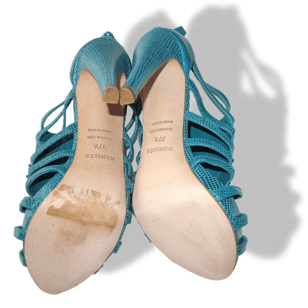 Hermes Vintage Sexy Turquoise Lizard Coquillage Women High Heels Sandals Shoes New!
