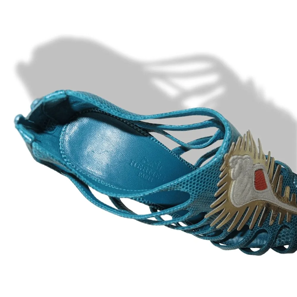 Hermes Vintage Sexy Turquoise Lizard Coquillage Women High Heels Sandals Shoes New!