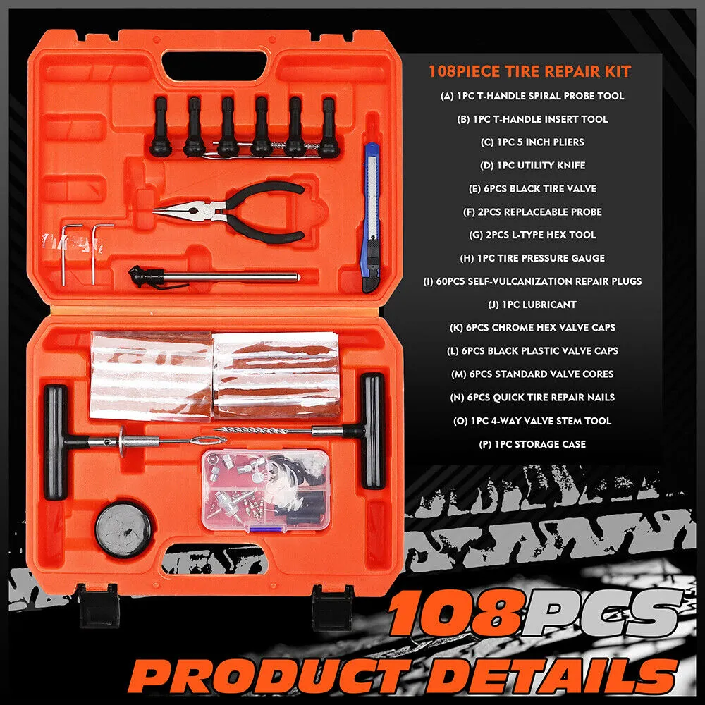 HORUSDY 108Pcs Tire Repair Kit Car Tyre Puncture Repair Tools Fix Plug Flats Patch