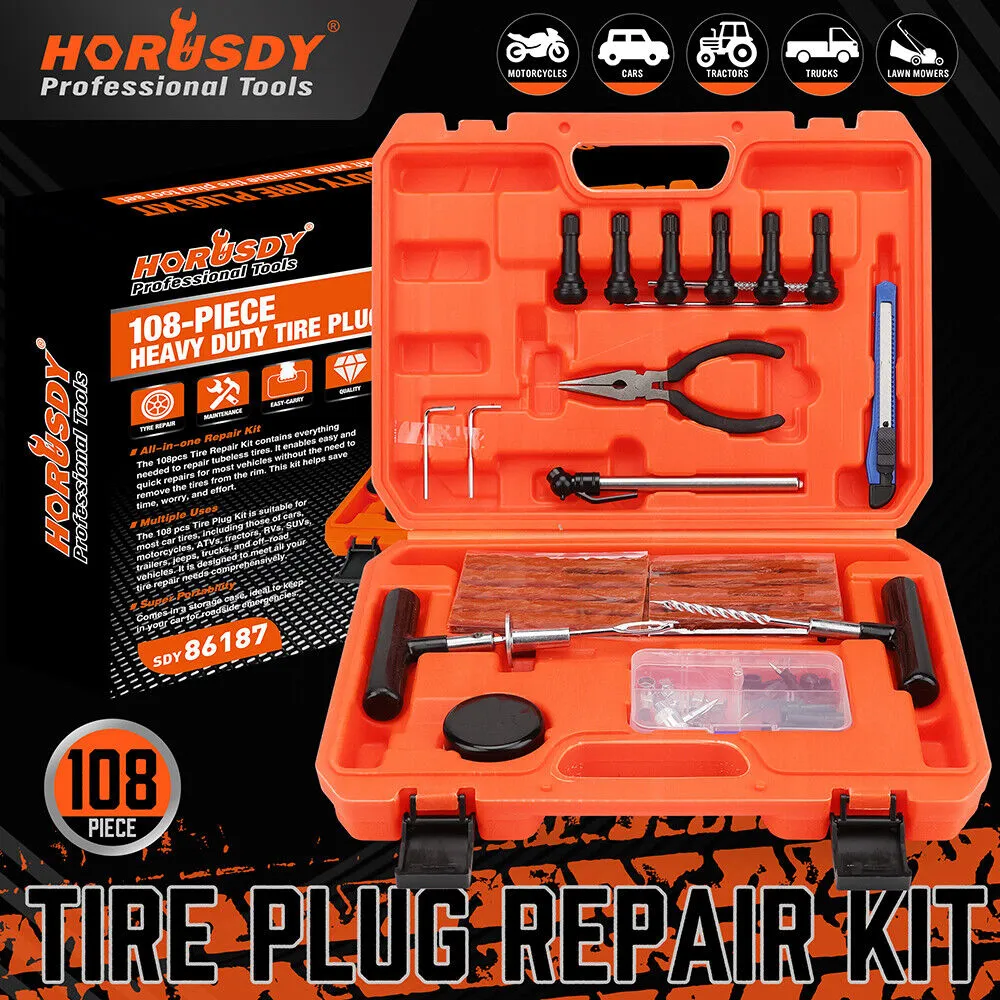 HORUSDY 108Pcs Tire Repair Kit Car Tyre Puncture Repair Tools Fix Plug Flats Patch