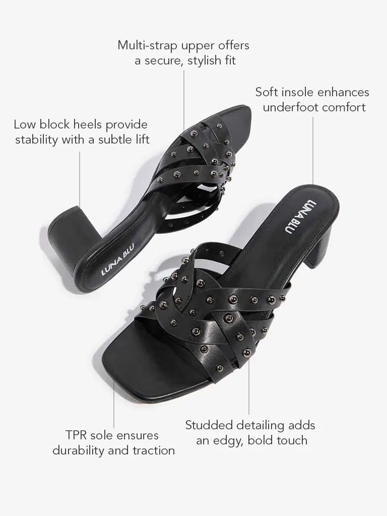 LUNA BLU Black Multi Strap Studded Heel Sandals