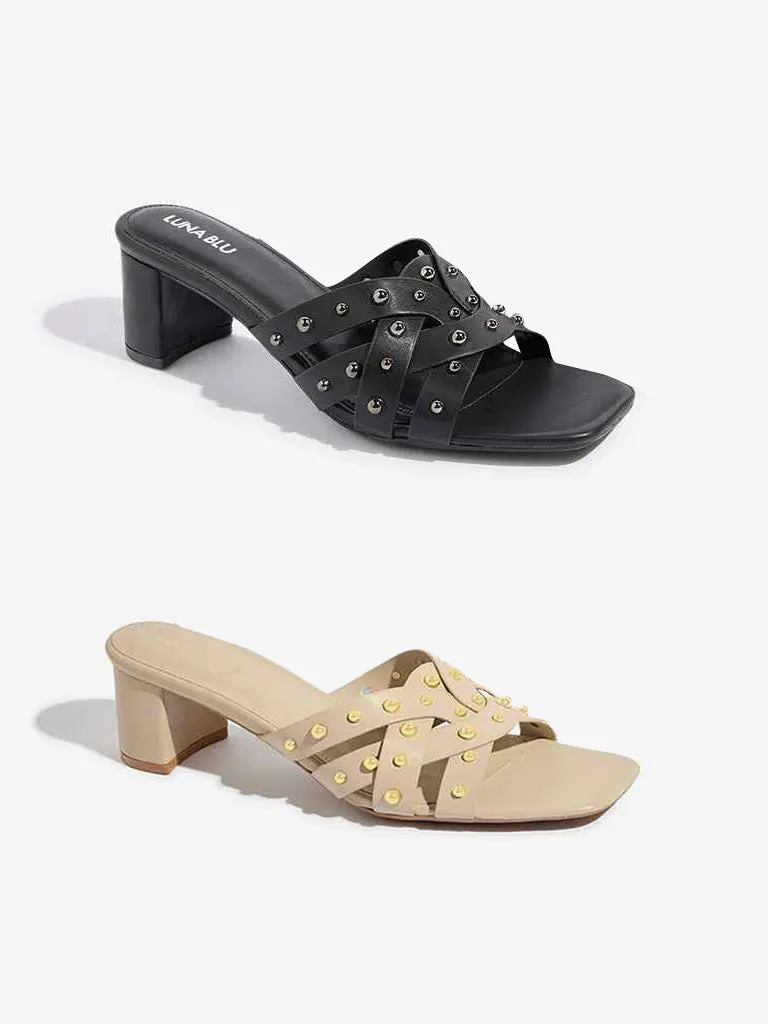 LUNA BLU Black Multi Strap Studded Heel Sandals