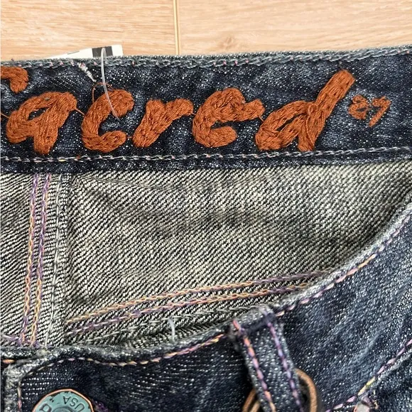 NWT Vintage Blue Cult Sacred Blue Leather Trim Jeans, Size 27; 34&quot; Inseam