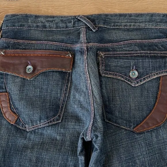 NWT Vintage Blue Cult Sacred Blue Leather Trim Jeans, Size 27; 34&quot; Inseam