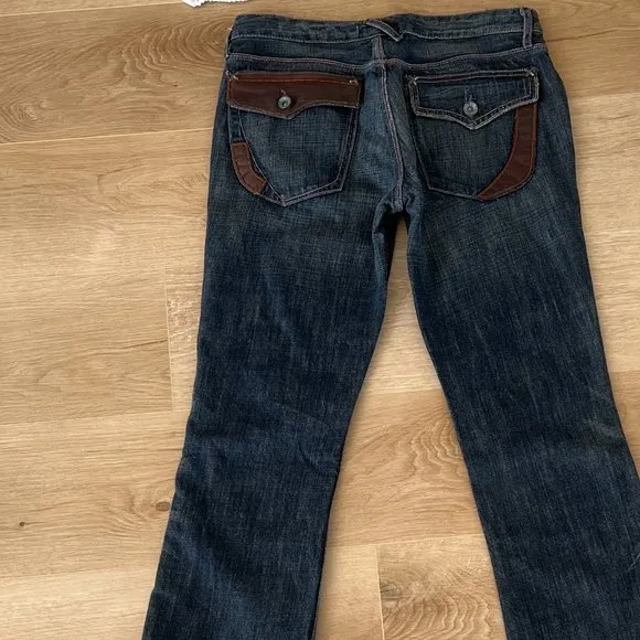 NWT Vintage Blue Cult Sacred Blue Leather Trim Jeans, Size 27; 34&quot; Inseam