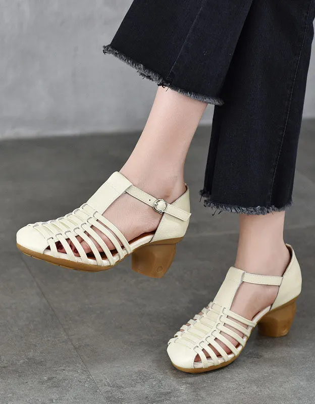 Real Leather Chunky Heel T-strap Vintage Sandals