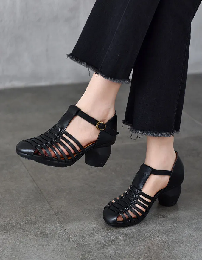 Real Leather Chunky Heel T-strap Vintage Sandals