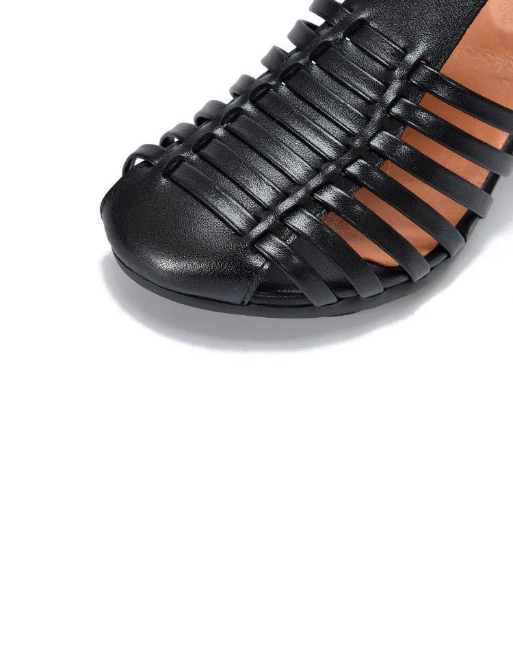 Real Leather Chunky Heel T-strap Vintage Sandals