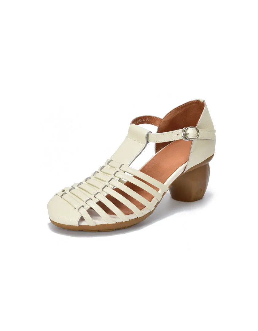 Real Leather Chunky Heel T-strap Vintage Sandals