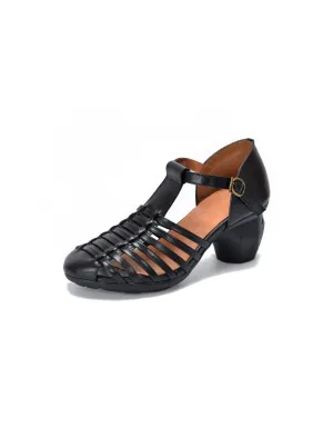 Real Leather Chunky Heel T-strap Vintage Sandals
