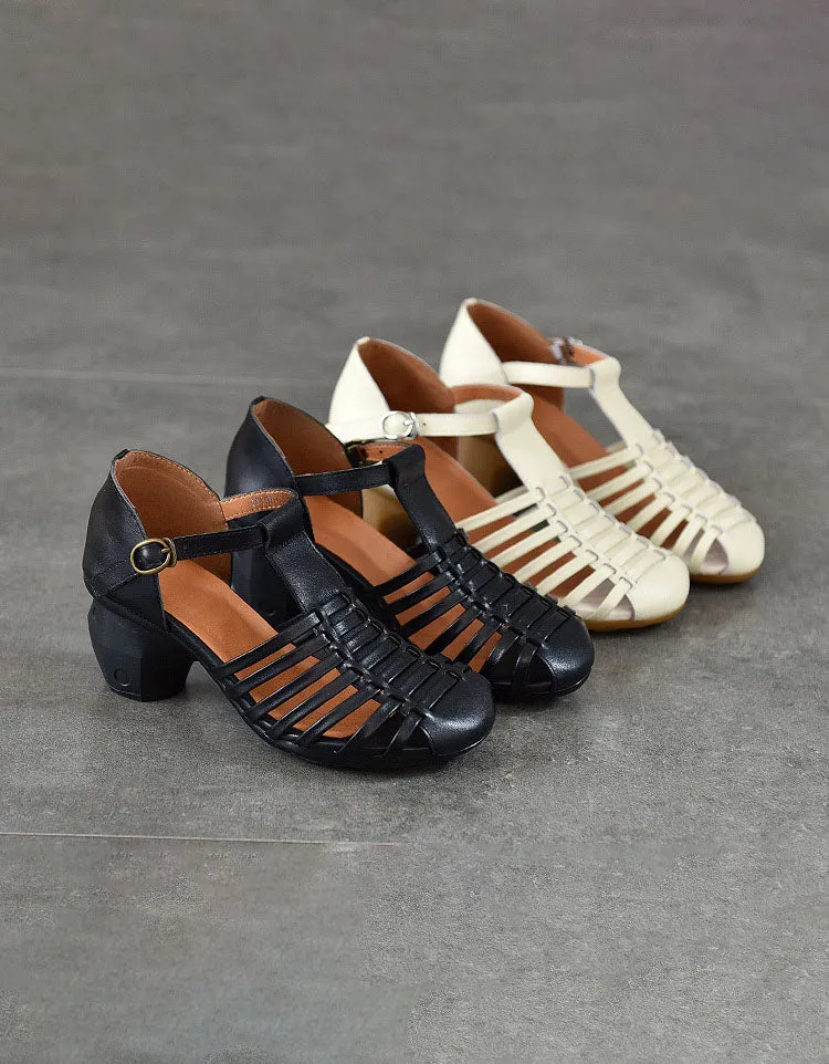 Real Leather Chunky Heel T-strap Vintage Sandals