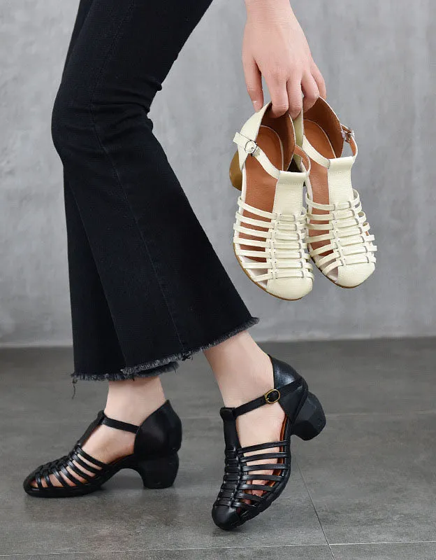Real Leather Chunky Heel T-strap Vintage Sandals
