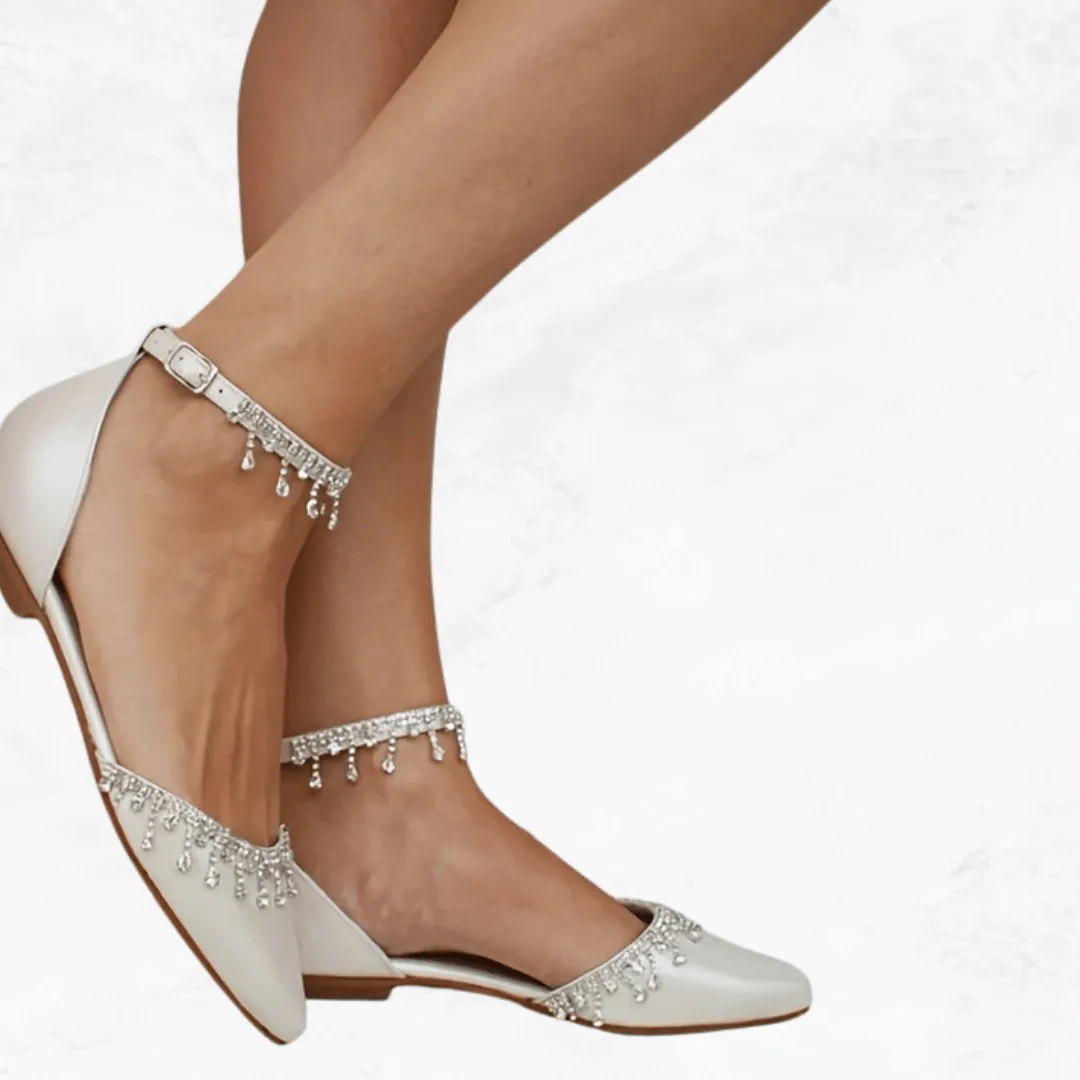 Rhinestone D'Orsay Flats - Pointed Toe Ankle Strap Shoes, Wedding Shoes, Evening Shoes, Women's Flats