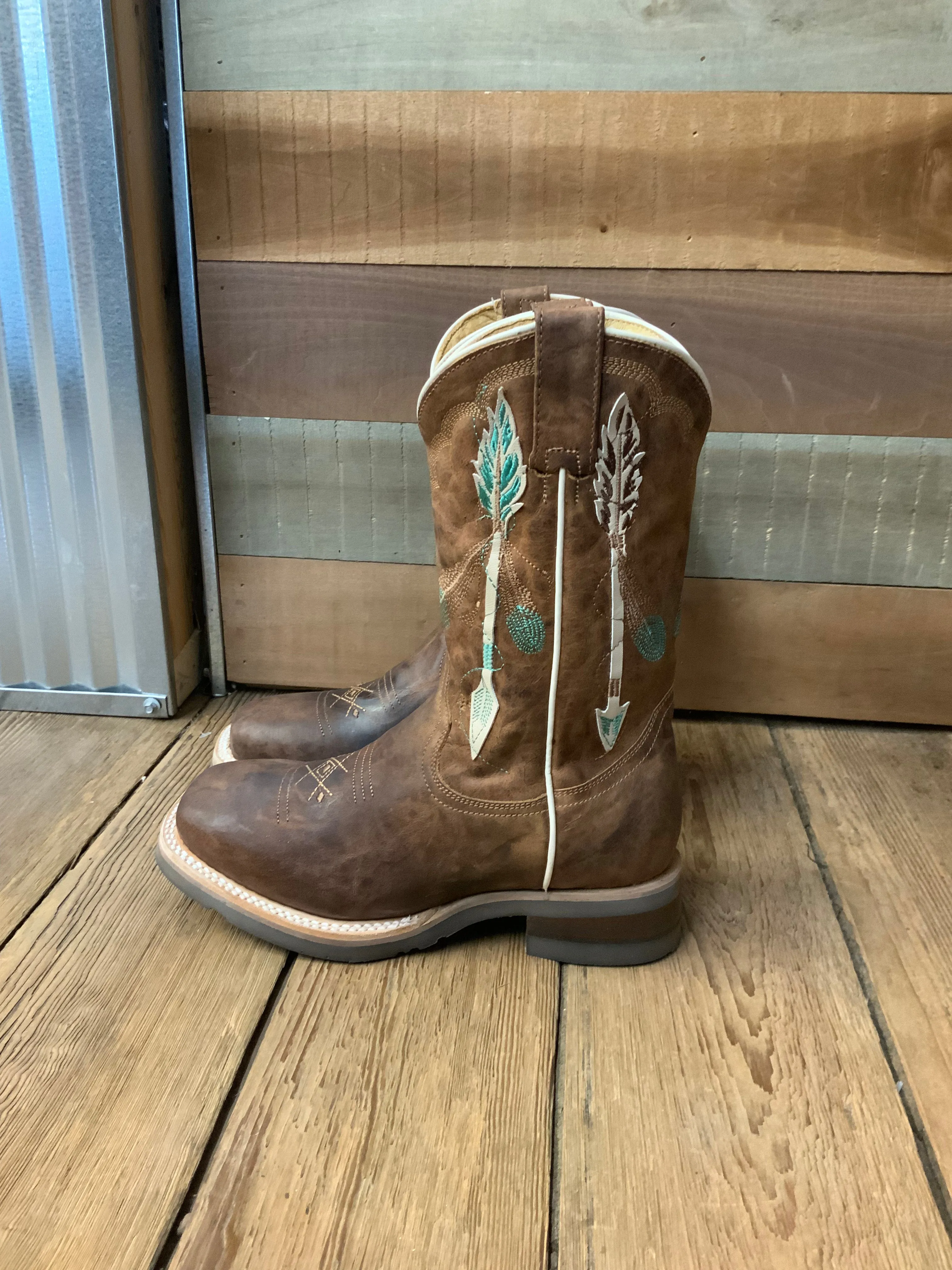 Roper Girl's Brown Leather with Feathers & Arrow Embroidery Square Toe Cowgirl Boots 7023-8460