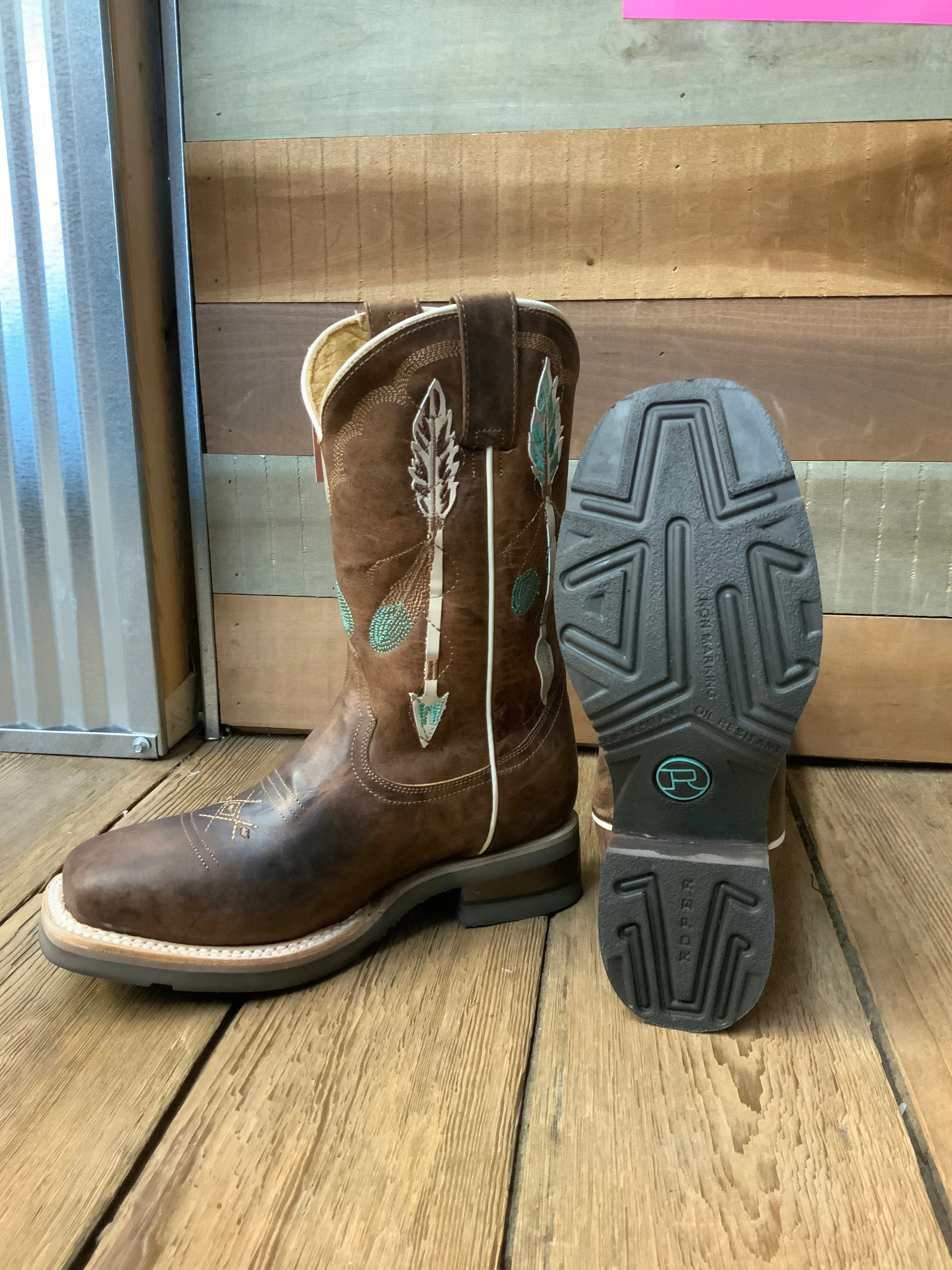 Roper Girl's Brown Leather with Feathers & Arrow Embroidery Square Toe Cowgirl Boots 7023-8460