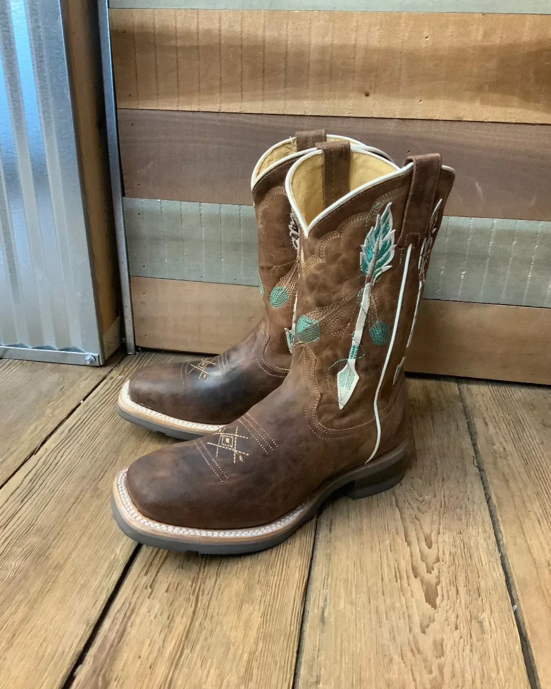 Roper Girl's Brown Leather with Feathers & Arrow Embroidery Square Toe Cowgirl Boots 7023-8460