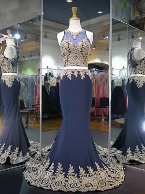 Sexy Two Piece Prom Dress Mermaid Unique Appliques with Beading Navy Prom/Evening Dress SM7716