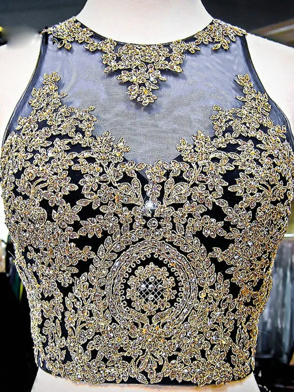 Sexy Two Piece Prom Dress Mermaid Unique Appliques with Beading Navy Prom/Evening Dress SM7716