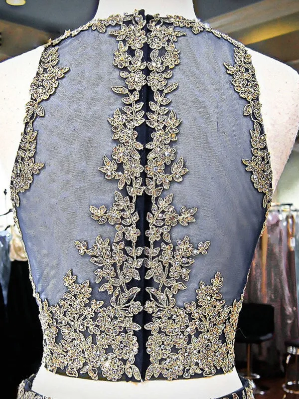 Sexy Two Piece Prom Dress Mermaid Unique Appliques with Beading Navy Prom/Evening Dress SM7716