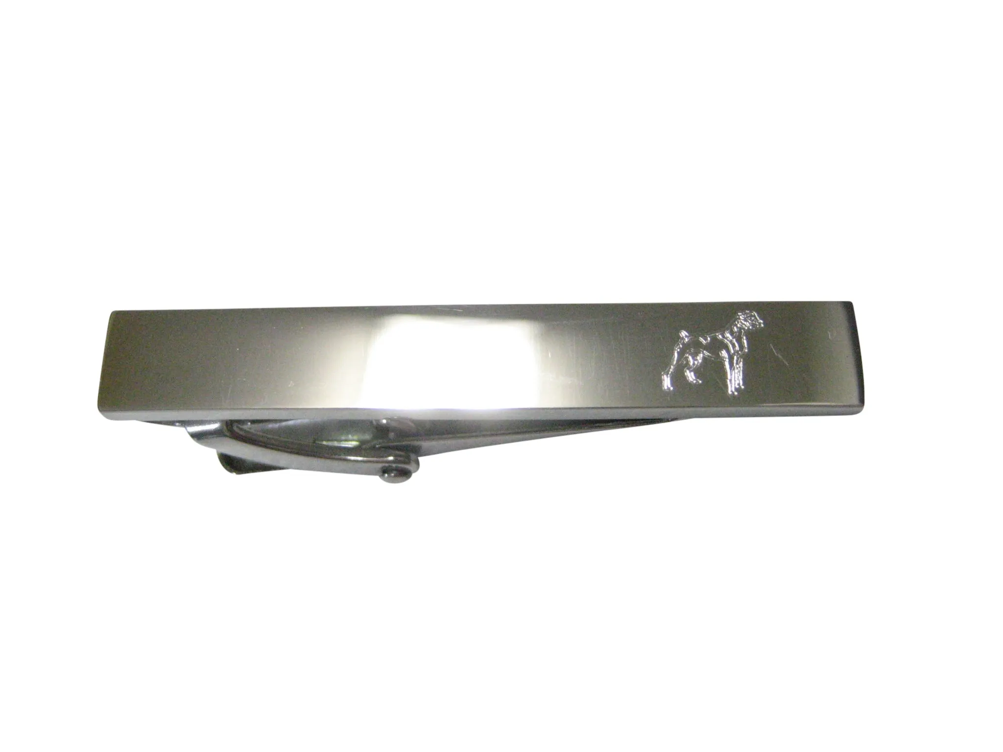 Silver Toned Etched Sleek Boxer Dog Skinny Tie Clip