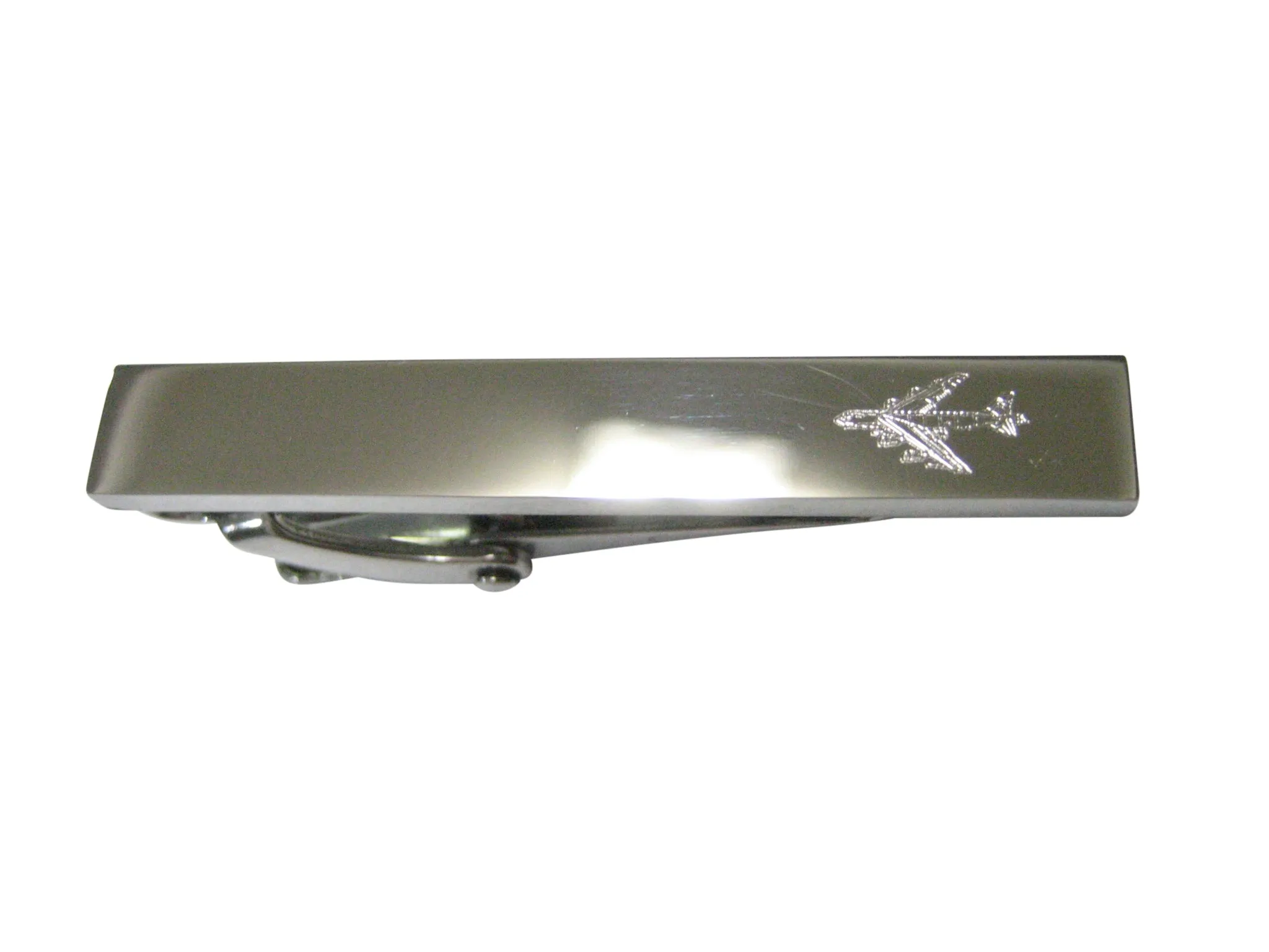 Silver Toned Etched Sleek Jumbo Jet Plane Skinny Tie Clip
