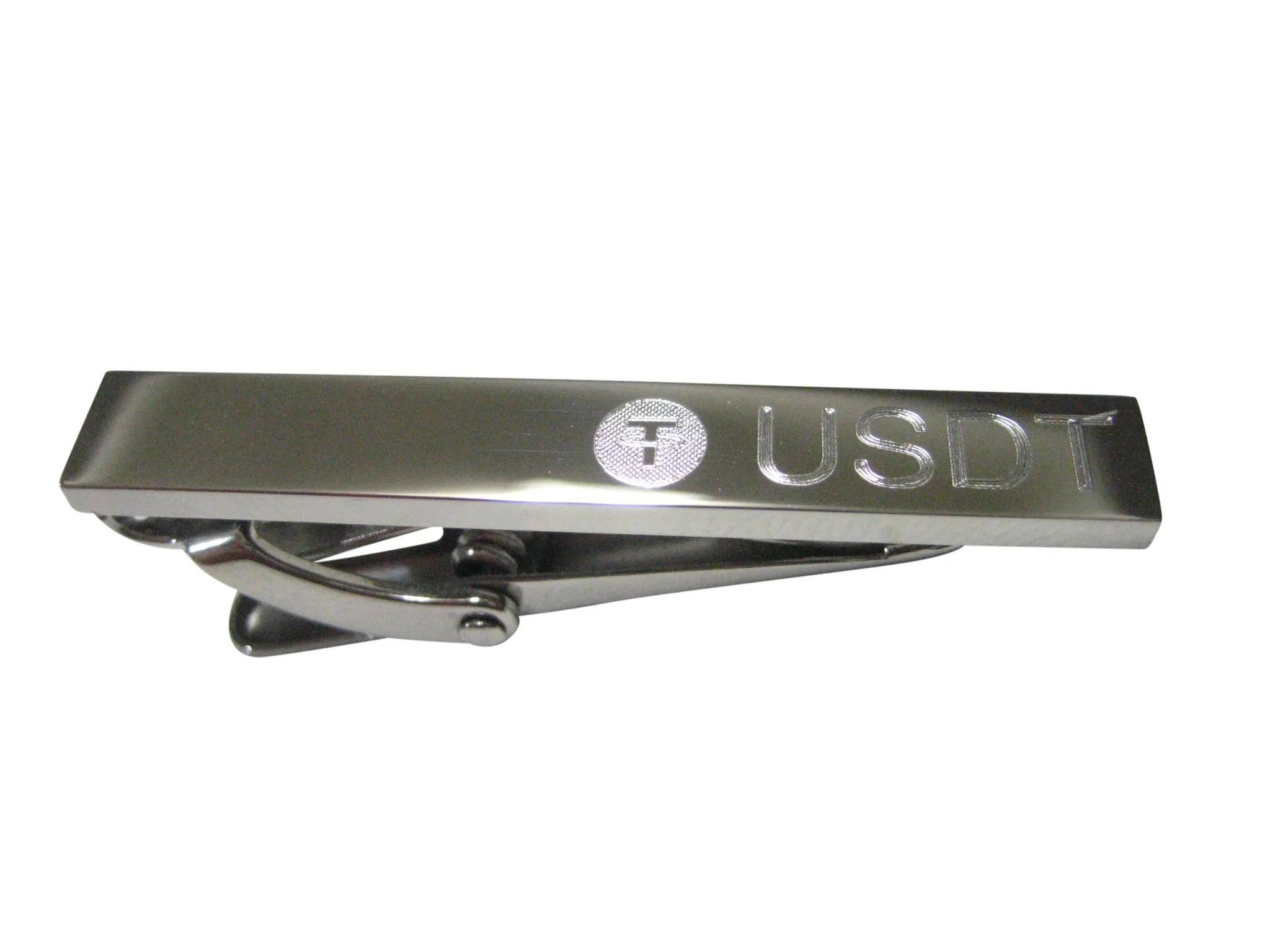 Silver Toned Etched Sleek Tether Coin Cryptocurrency Blockchain Skinny Tie Clip