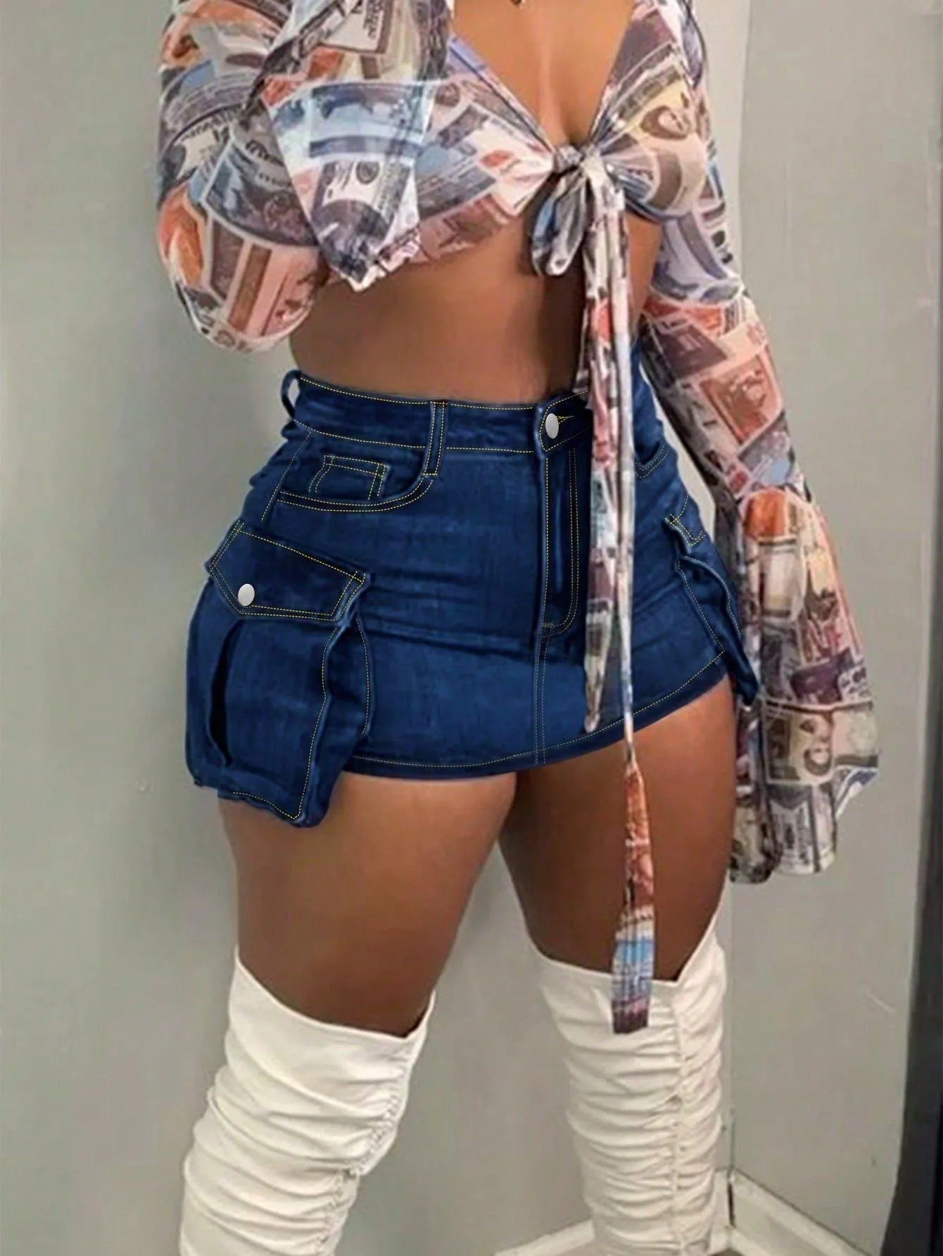Sleek High-Waisted Denim Cargo Mini Skirt with Modern Edge