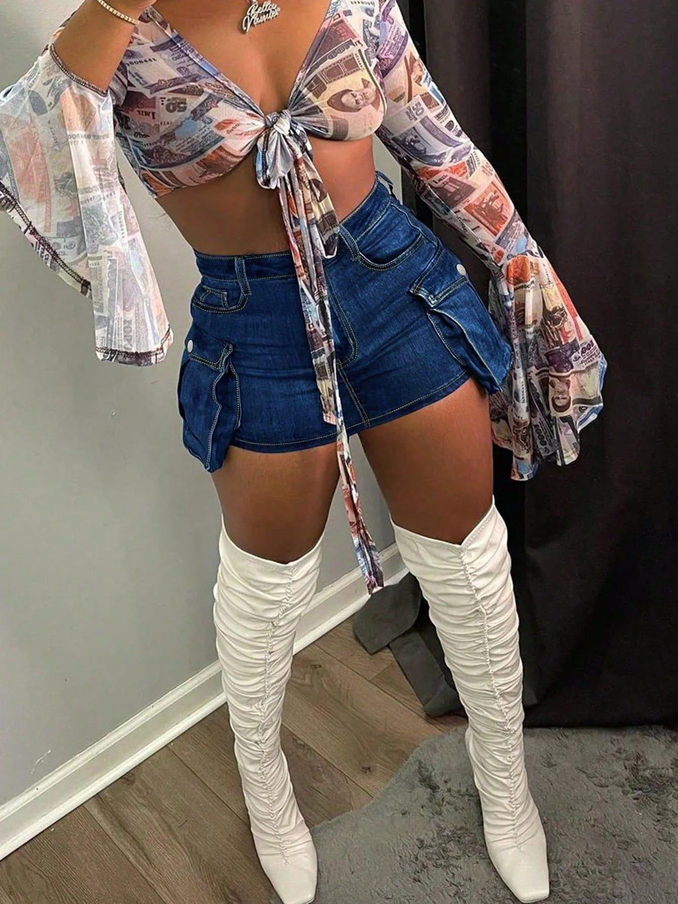 Sleek High-Waisted Denim Cargo Mini Skirt with Modern Edge