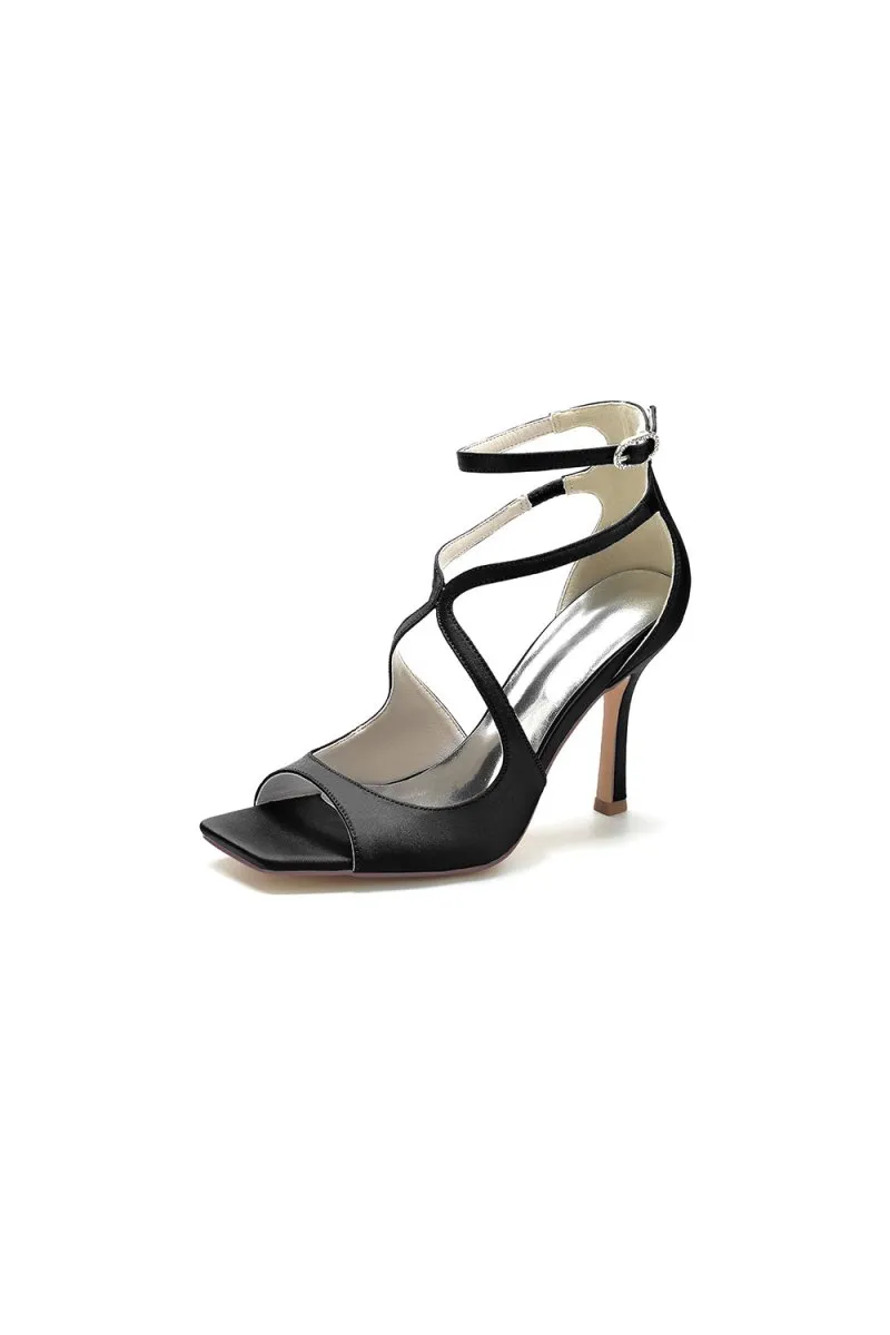 Square Open Toe Hollow Out Satin Stiletto Heels