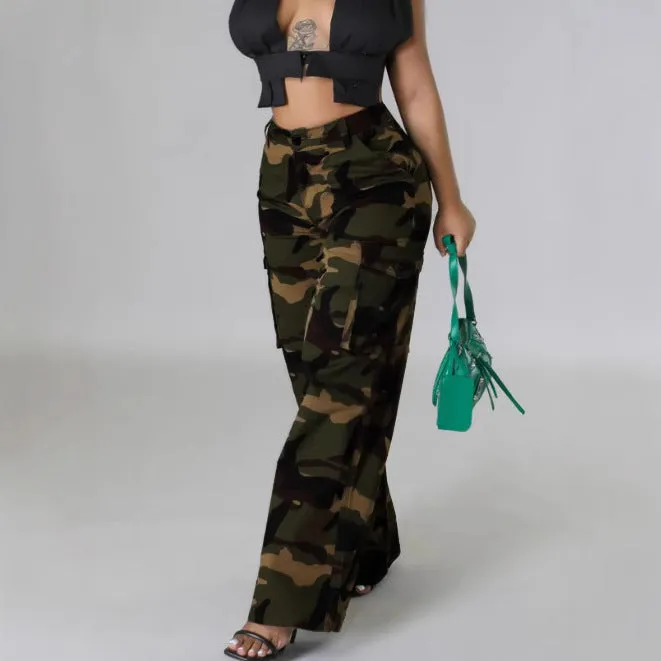 Stylish Camouflage Cargo Pocket Zipper Casual Trousers for Edgy Fashion