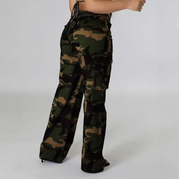 Stylish Camouflage Cargo Pocket Zipper Casual Trousers for Edgy Fashion