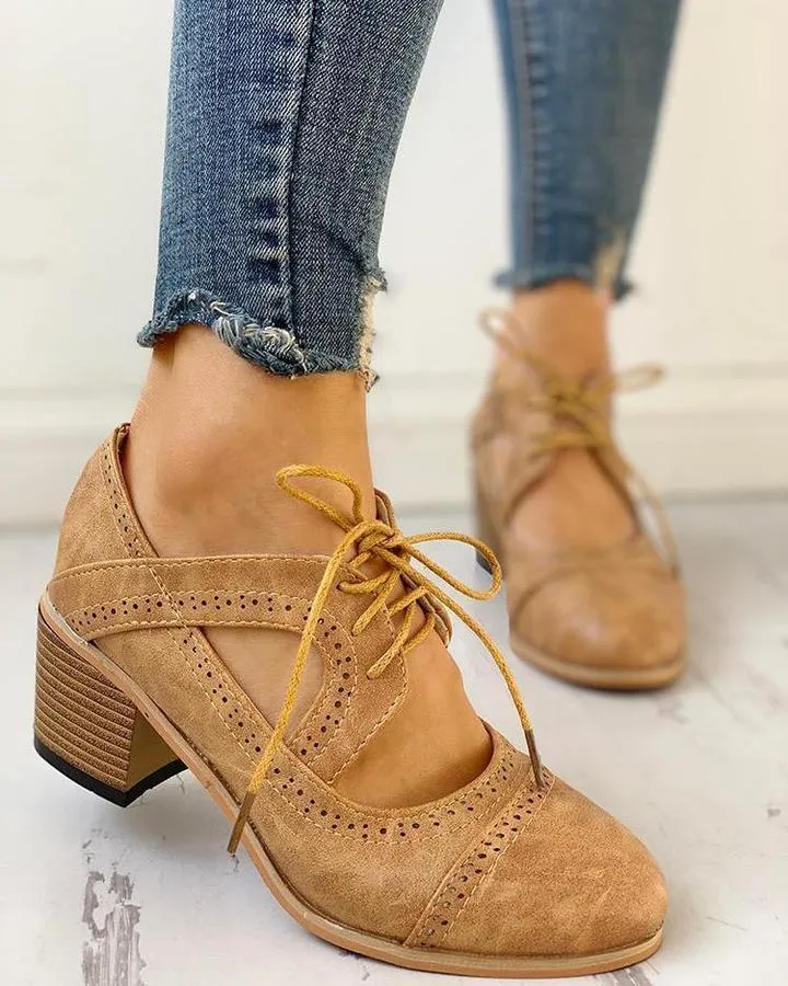 Stylish Vintage Lace-Up Cut-Out Brogue Heels for Women