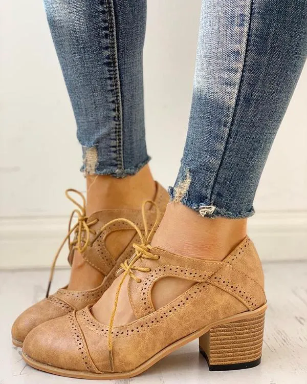 Stylish Vintage Lace-Up Cut-Out Brogue Heels for Women