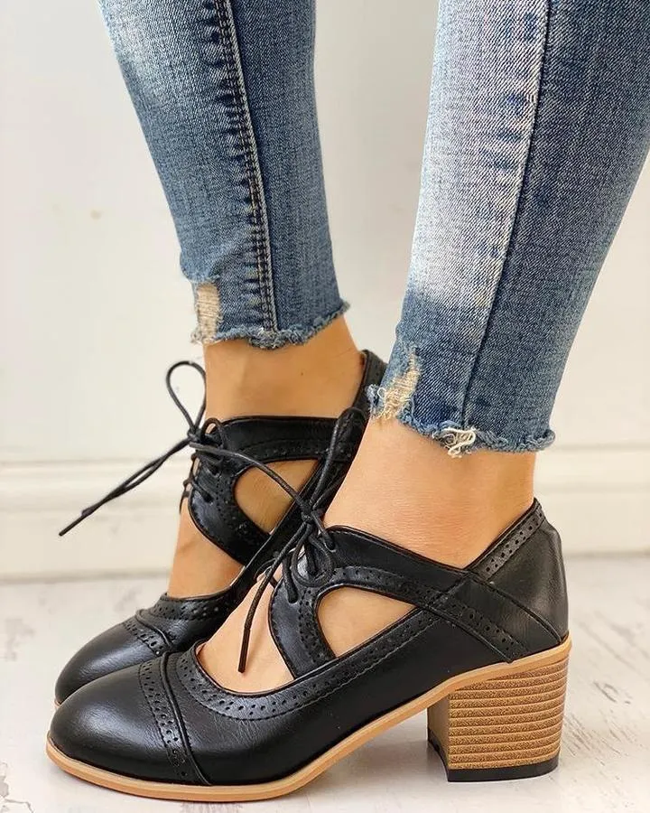 Stylish Vintage Lace-Up Cut-Out Brogue Heels for Women