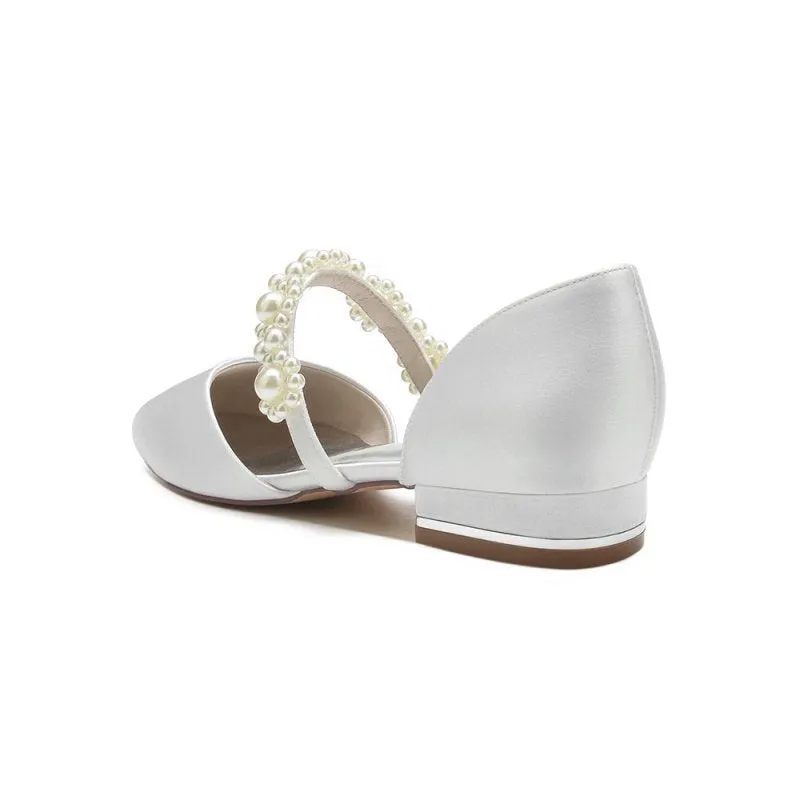 Sweet Round Toe Retro Pearl Strap Low Heels
