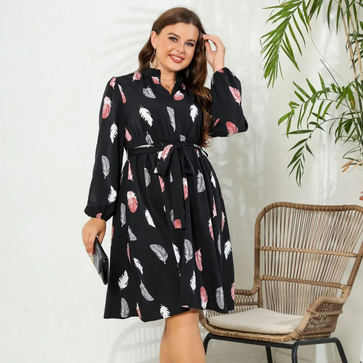 Tara Plus Feather-Print Belted Long-Sleeve Midi Dress