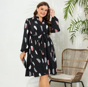 Tara Plus Feather-Print Belted Long-Sleeve Midi Dress