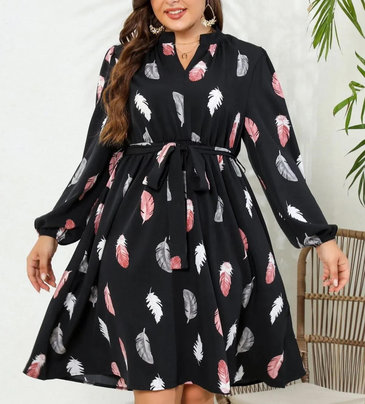 Tara Plus Feather-Print Belted Long-Sleeve Midi Dress